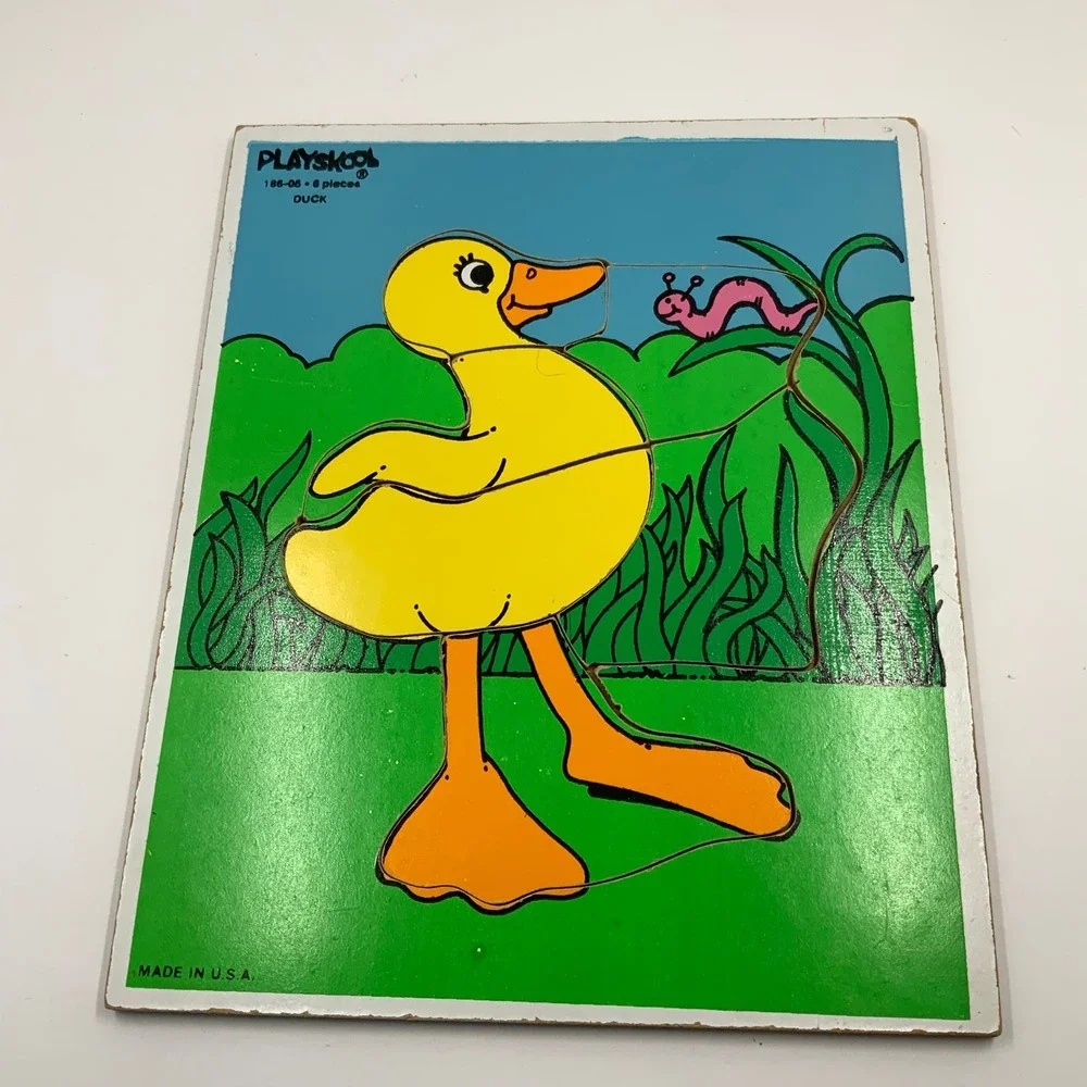 Vintage Playskool Wood Board Puzzle Duck 186-06 6 Pieces Made in USA Toddler Toy